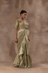 Metal green tissue drape sari with frills combined with blouse and waist belt